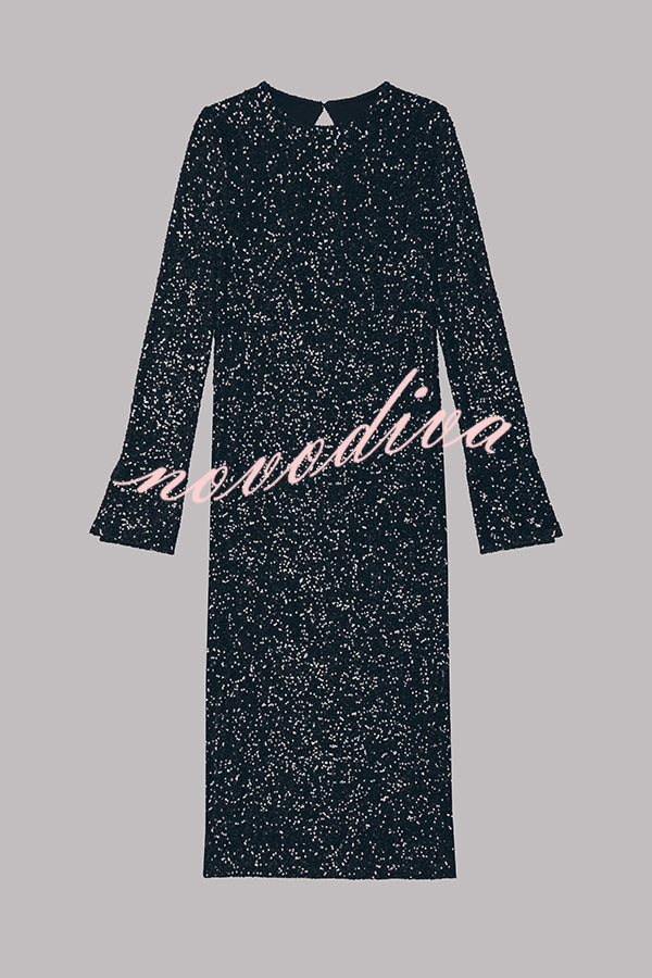 Ignite Sparkly Nights Sequin Extra Long Sleeve Open Back Loose Midi Dress