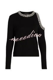 Holiday Party Knit Crystal-Embellished Cut-out Shoulder Long Sleeve Top