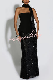 Oakley Corset Strapless Top and Sequin High Rise Maxi Skirt Scarf Set