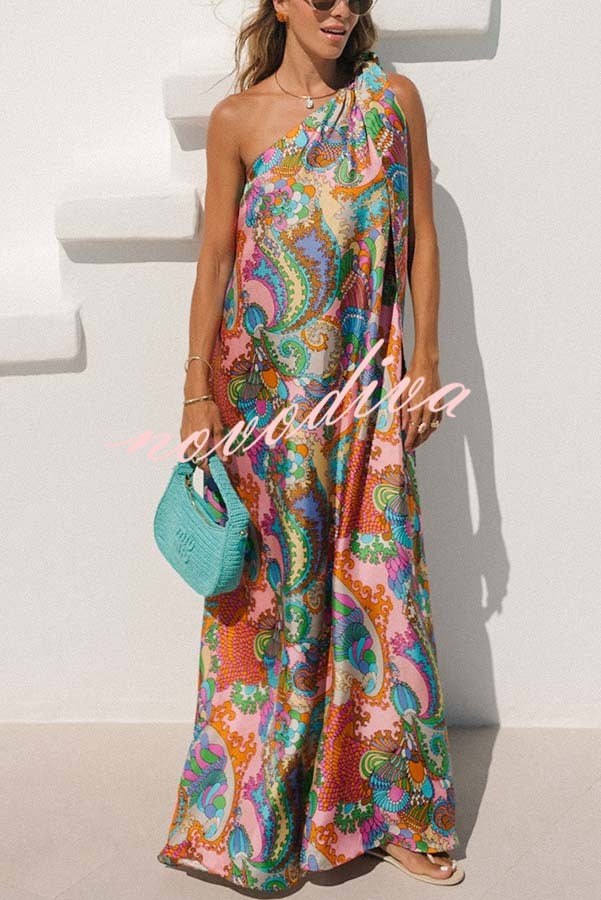 Rainbow Breeze Satin Unique Print Bow One Shoulder Loose Maxi Dress
