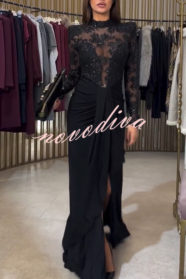 Fenna Sheer Floral Sequin Shoulder Pads Long Sleeve Drape Slit Maxi Dress