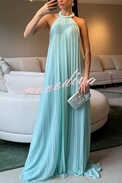 Gabie Chiffon Pleated Braided Halter Neck Backless A-line Maxi Dress