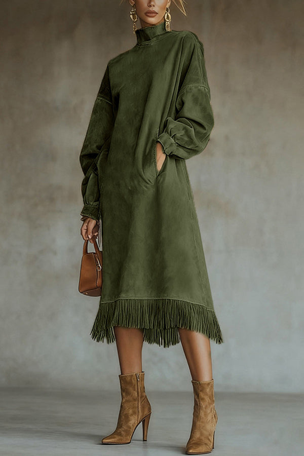 Solid Color Suede Loose Long-sleeved Casual Pocket Tassel Hem Midi Dress