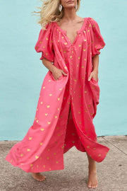 Valentine's Day Gold Heart Print Puff Sleeve Button Pocketed Loose Maxi Dress