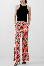 Full of Energy Flower Print Lapel Blazer and Elastic Waist Pocket Pleated Side Hem Pants Set