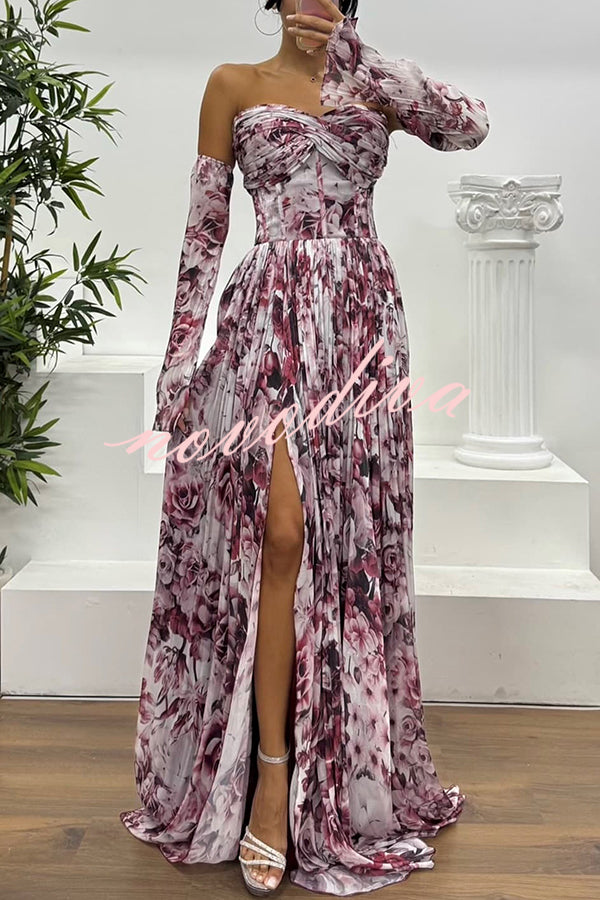 Reina Chiffon Floral Print Pleated Bodice Split Sleeve Strapless Slit Maxi Dress