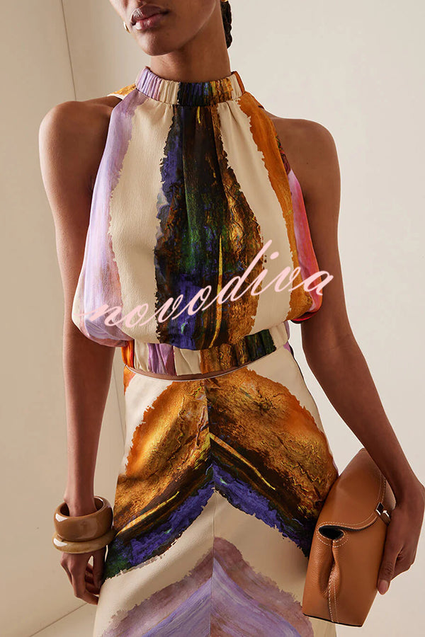 Unique Print Sleeveless Stretch Stand Collar Top and Elegant Maxi Skirt Set