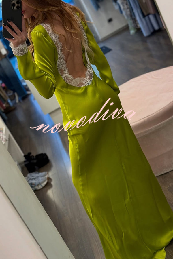 Mystic Moment Satin Lace Trim Long Sleeve Backless Maxi Dress