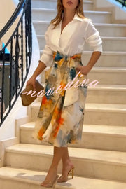 Jiles Linen Blend Unique Contrast Print Long Sleeve Tie-up Pocket Shirt Midi Dress
