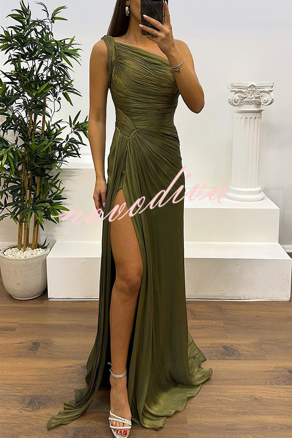Fashion One-shoulder Pleated Ribbon Slim Slit Maxi Dress