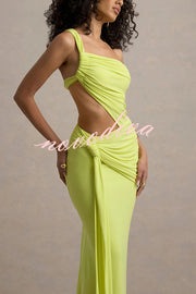 Sexy One-shoulder Backless Ribbon Pleated Slim Maxi Dress