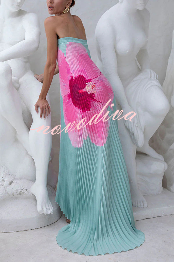 All about Her Pleated Floral Print Off Shoulder A-line Maxi Dress
