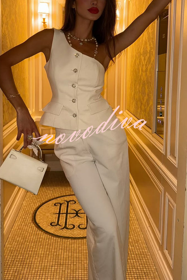 Fashion One-shoulder Slim-fit Button Vest and Casual Pocket Straight-leg Suit Pants Set