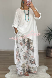 Linen Blend Crew Neck Long Sleeve Irregular Loose Top and Elastic Waist Floral Print Casual Pocket Set