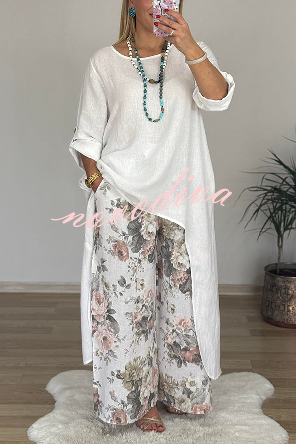 Linen Blend Crew Neck Long Sleeve Irregular Loose Top and Elastic Waist Floral Print Casual Pocket Set