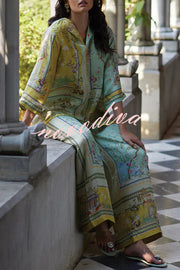 Elonie Satin Floral Print V-neck Half Sleeve Top and Elastic Waist Wide Leg Pants Set