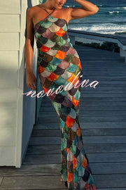 Little Mermaid Colorful Scales Print Halter Maxi Dress