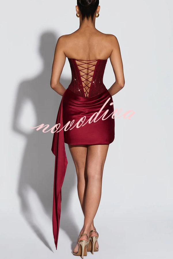 Party Entrance Sequin Corset Ruched Satin Ruffle Hem Strapless Mini Dress