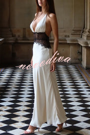 Seductive Details Satin Lace Waist Halter Tie-up Backless Maxi Dress