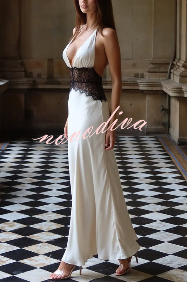 Seductive Details Satin Lace Waist Halter Tie-up Backless Maxi Dress