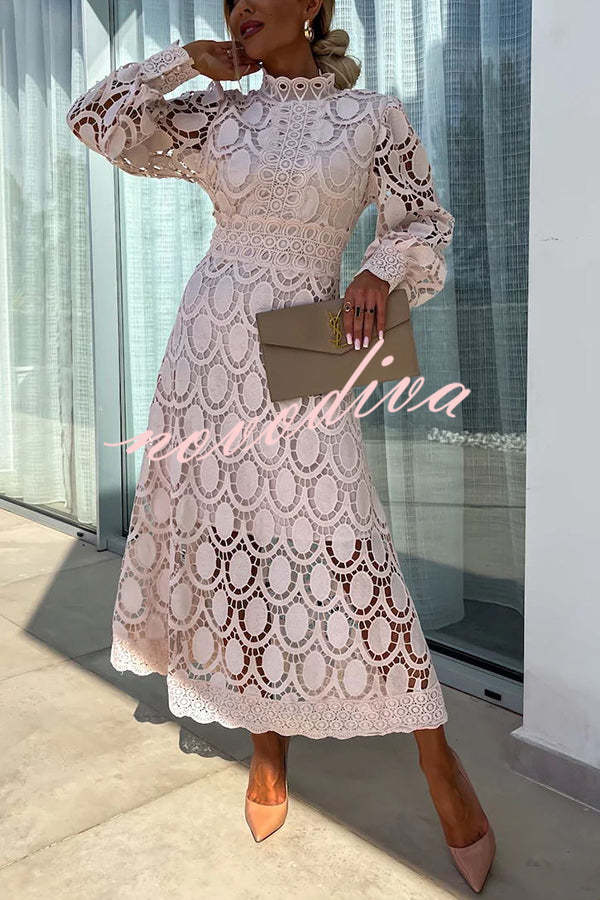 Romantic, Sensual and Elegant Crochet Lace Lantern Sleeve Party Midi Dress