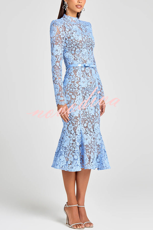 Feminine and Elegant Flower Lace Long Sleeve Bow Belted Flare Midi Dress