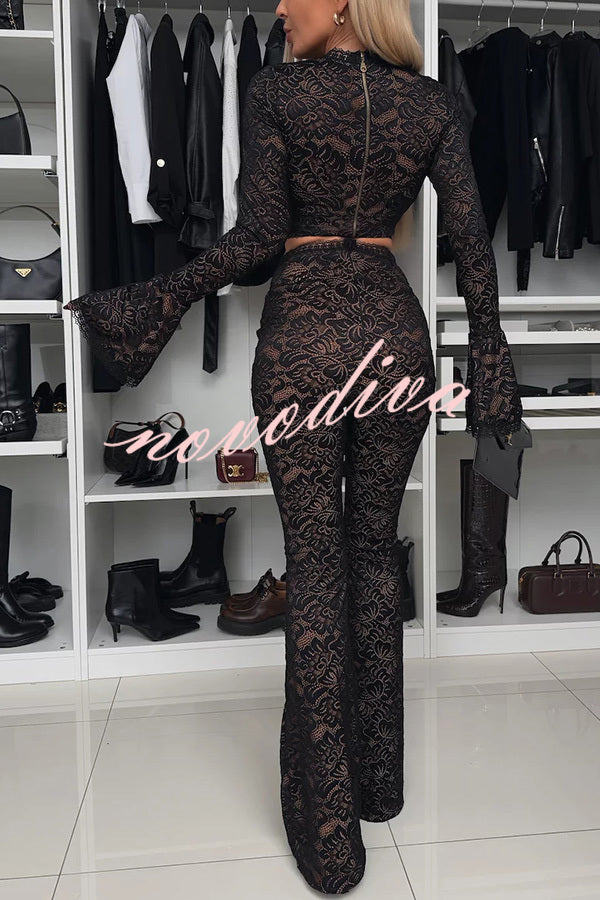 Sexy Charming Lace Bell Sleeve Crop Stretch Top and High Waist Stretch Flared Pants