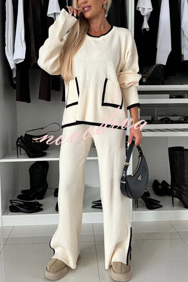 Warm Embrace Knit Ribbed Colorblock Trim Pocket Top and Stretch Slit Pants Set