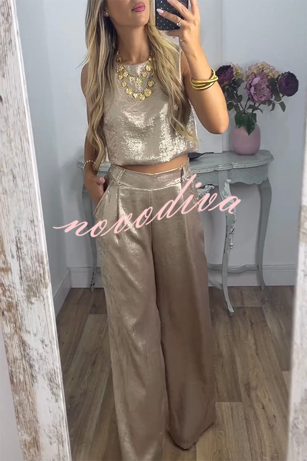 Rita Metallic Fabric Back Buttons Crop Tank and Elastic Waist Pocketed Wide Leg Pants Set