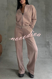 Solid Color Casual Long Sleeve Zipper Jacket and Elastic Waist Pocket Wide Leg Pants Set