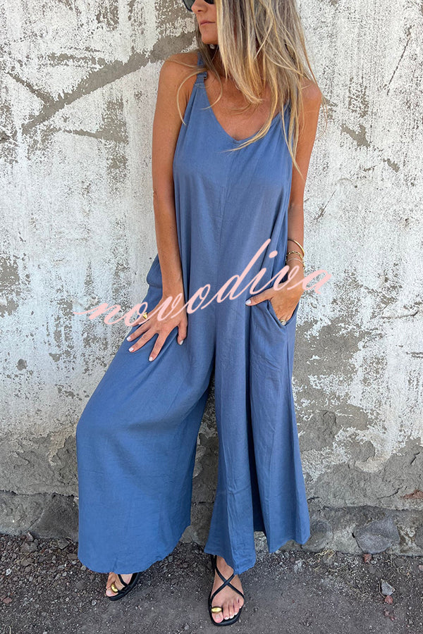 Linen Blend Solid Color Suspenders Loose Pockets Casual Wide-leg Jumpsuit