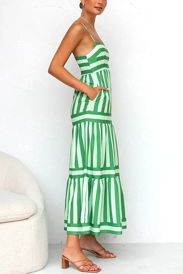 Beachy Dreams Striped Print Back Smocked Pocket A-line Slip Midi Dress