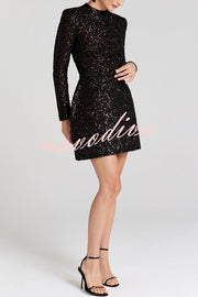 Edie Sequin High Neck Long Sleeve Satin Bow Belted Tulip Mini Dress