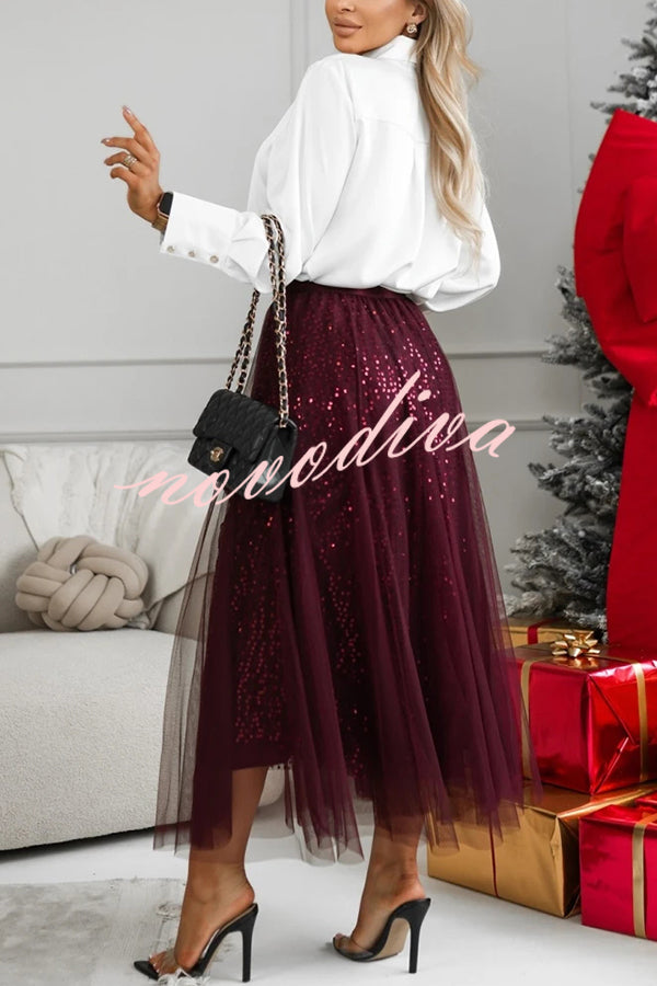 Party Daydream Sequin Tulle High Rise Elastic Waist Maxi Skirt