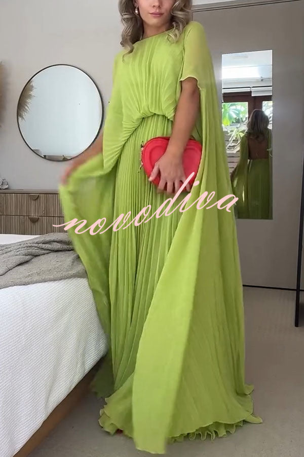 Spring Whispers Chiffon Pleated Wide Sleeve Volume Maxi Dress