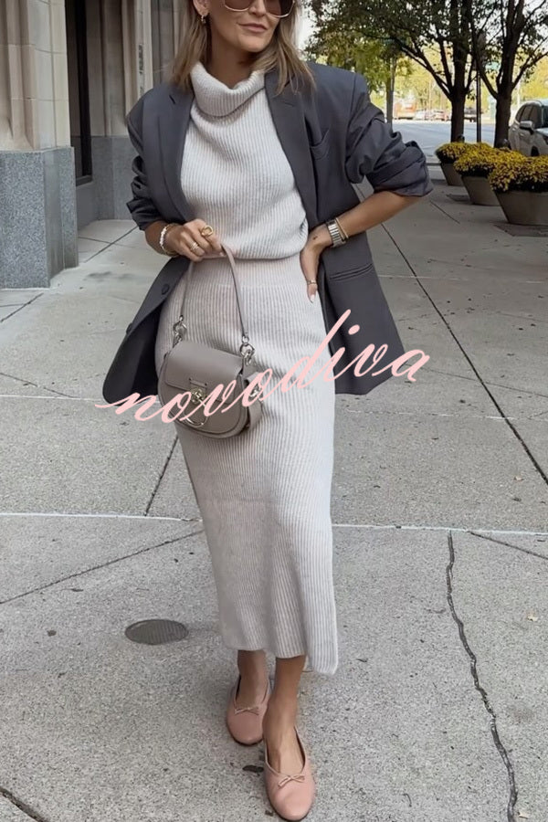 Book Club Knit Turtleneck Cap Sleeve Slit Sweater Midi Dress