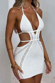 Effortlessly Cool and Sexy Knit Crochet Cutout Halter Tie-up Stretch Mini Dress