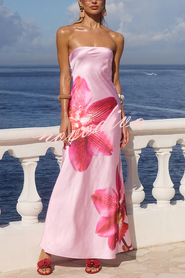 Floral Print Sexy Strapless Backless Holiday Maxi Dress