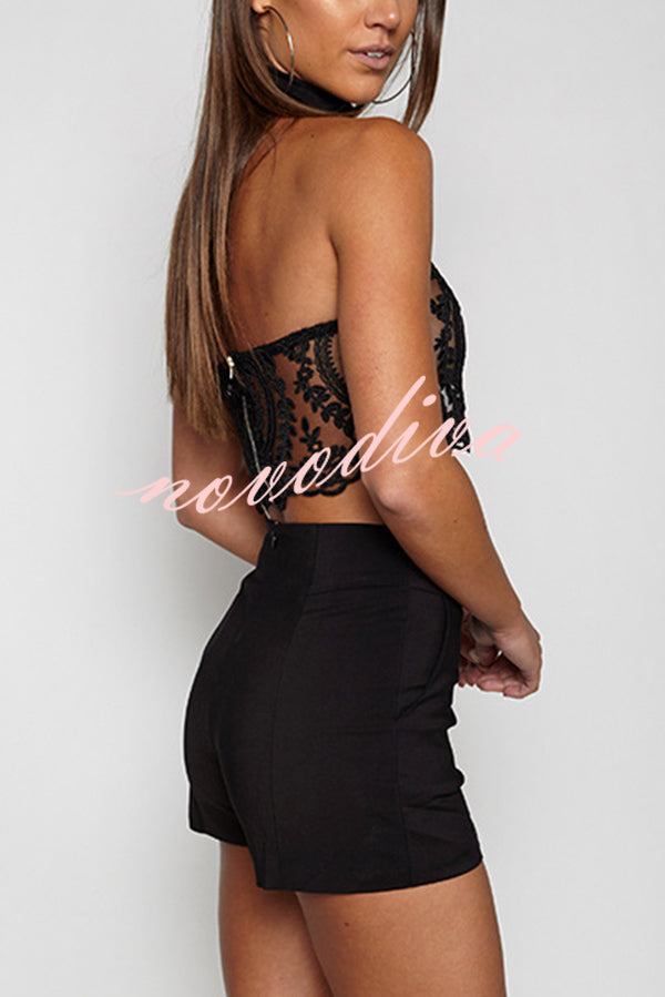 Sexy Halterneck Backless Lace Hollow Short Top