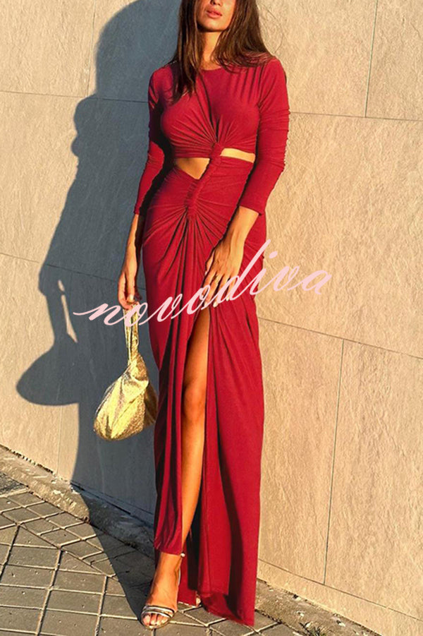 Solid Color Round Neck Long Sleeve Sexy Exposed Waist Slit Maxi Dress