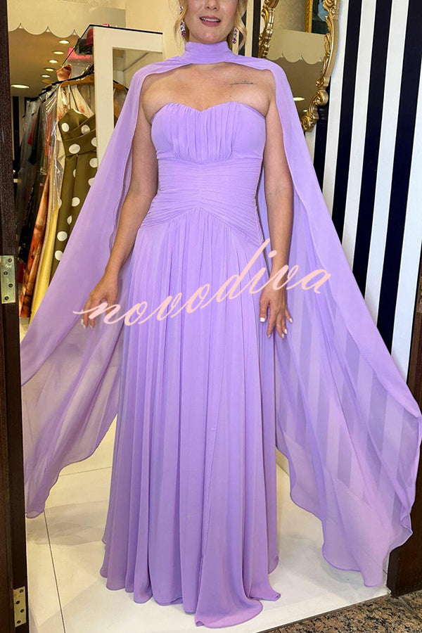 Lavender Scent Chiffon Ruched Strapless Removable Cape Maxi Dress