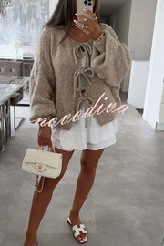 Solid Color Long-sleeved V-neck Lace-up Loose Knitted Sweater