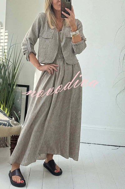 Solid Color Casual Short Jacket and Suspender Pleated Maxi Dress Set