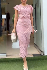 Elouise Wave Dot Embroidery Lace Back Tie-up Top and Elastic Waist Maxi Skirt Set