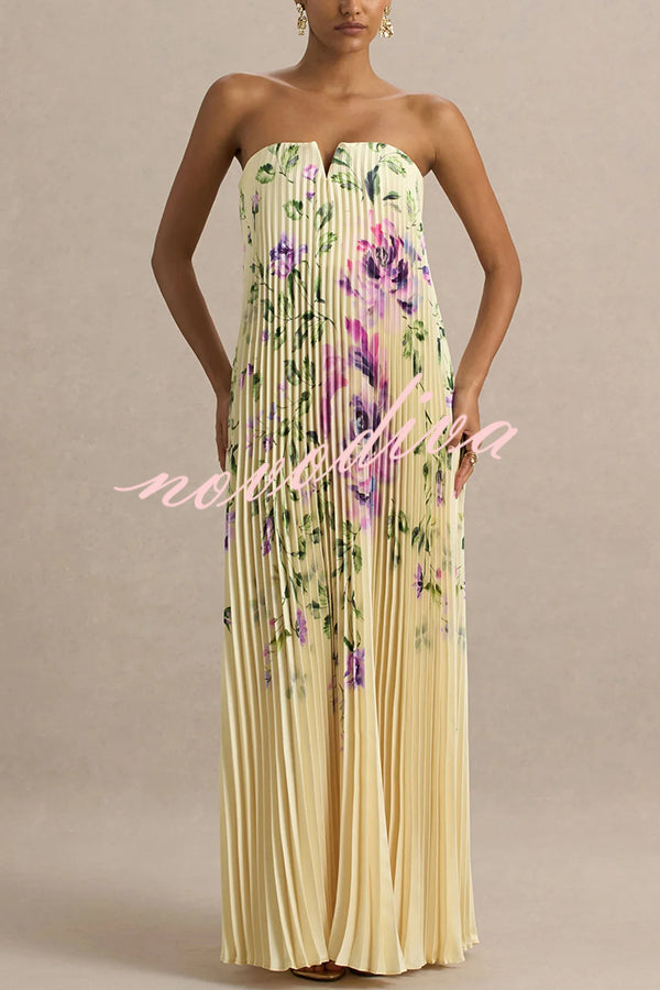 For Every Occasion Satin Pleated Floral Print V-wire Bandeau Neck Maxi Dress