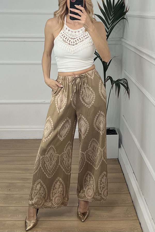 Unique Print Elastic Waist Casual Pocket Wide Leg Pants
