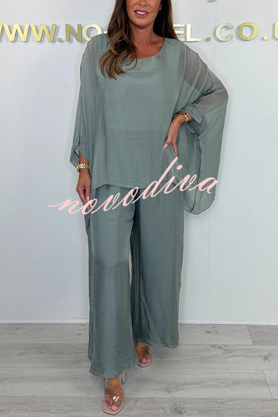 Solid Color Round Neck Loose Bat Sleeve Top and Elastic Waist Wide Leg Pants Set