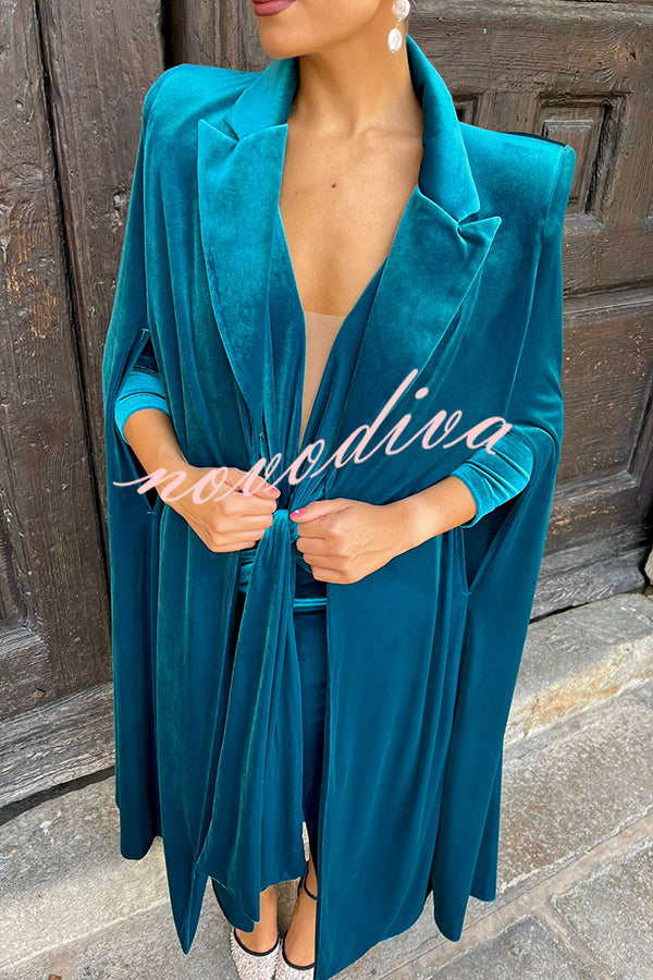 Olivienne Luxurious Velvet Padded Shoulders Slit Sleeve Lapel Midi Cape