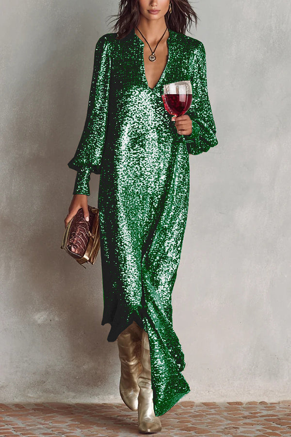 Minimalist Sparkling Sequin V-neck Long Balloon Sleeve Slit Party Maxi Dress