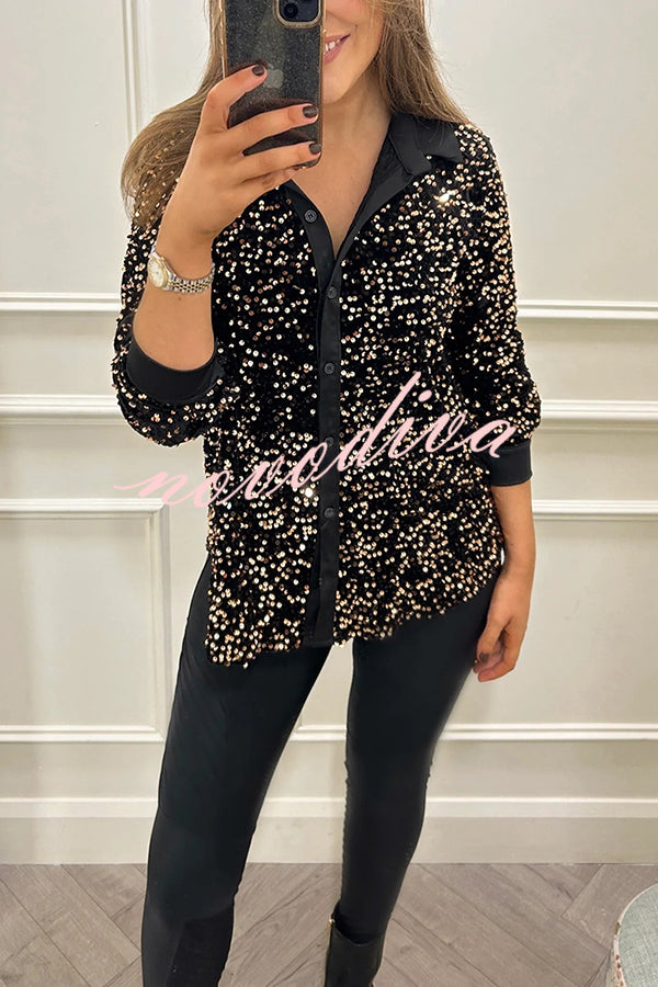 Fashion Velvet Sequined Loose Casual Long-sleeved Shirt